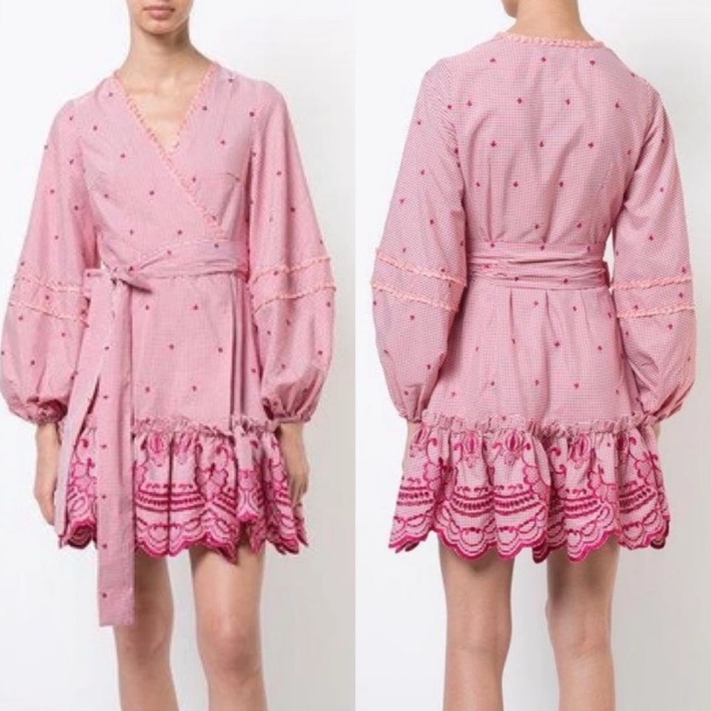 Alexis gingham Pink Wrap Dobby Dress with Embroidered Hem